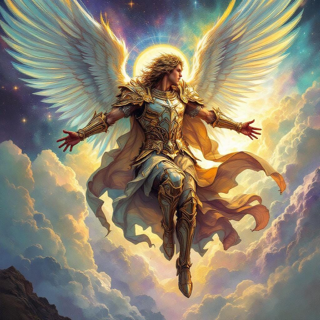 Archangel Michael Soaring in Ethereal Art Nouveau Style