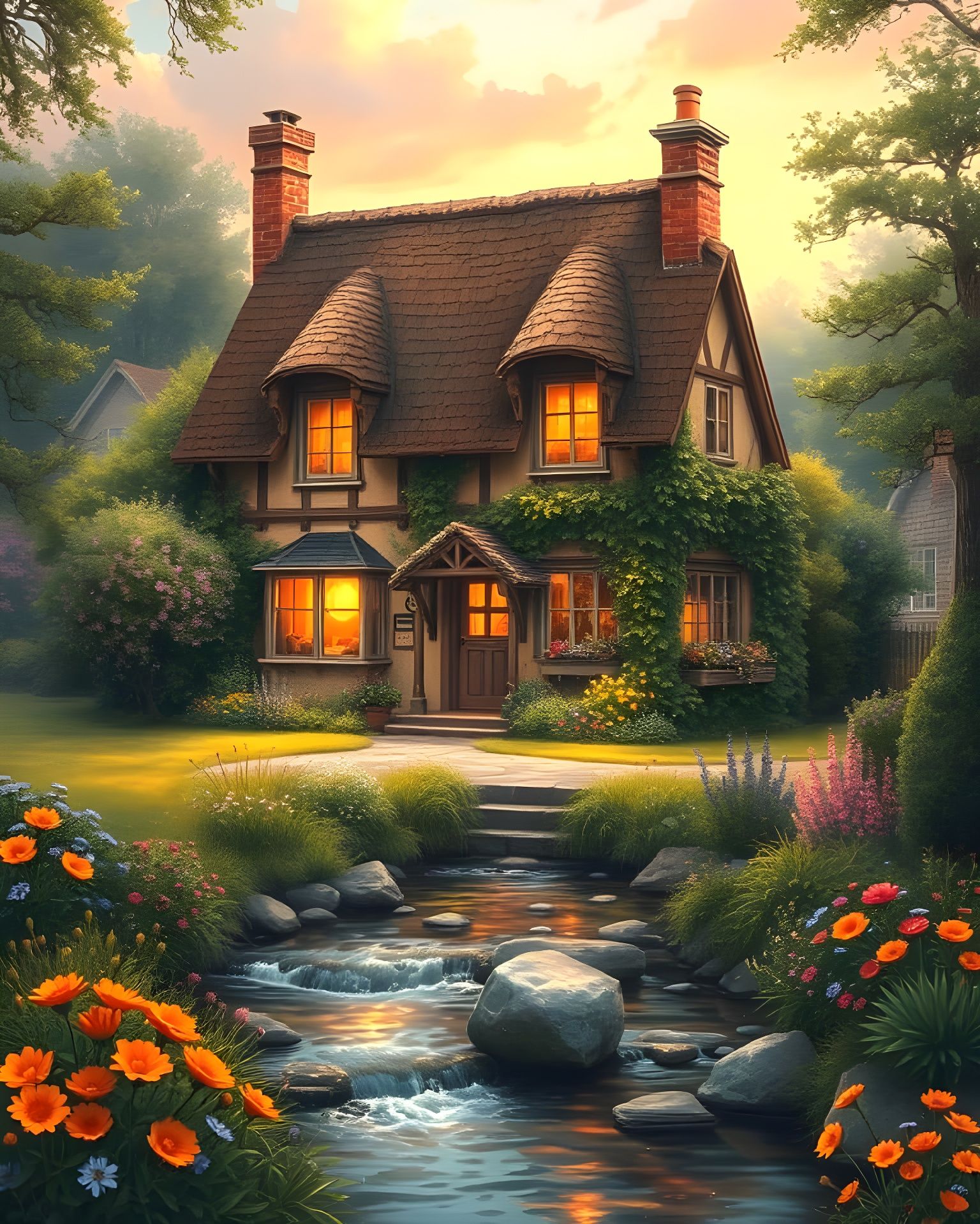 Cozy English Cottage Scene in Whimsical Style