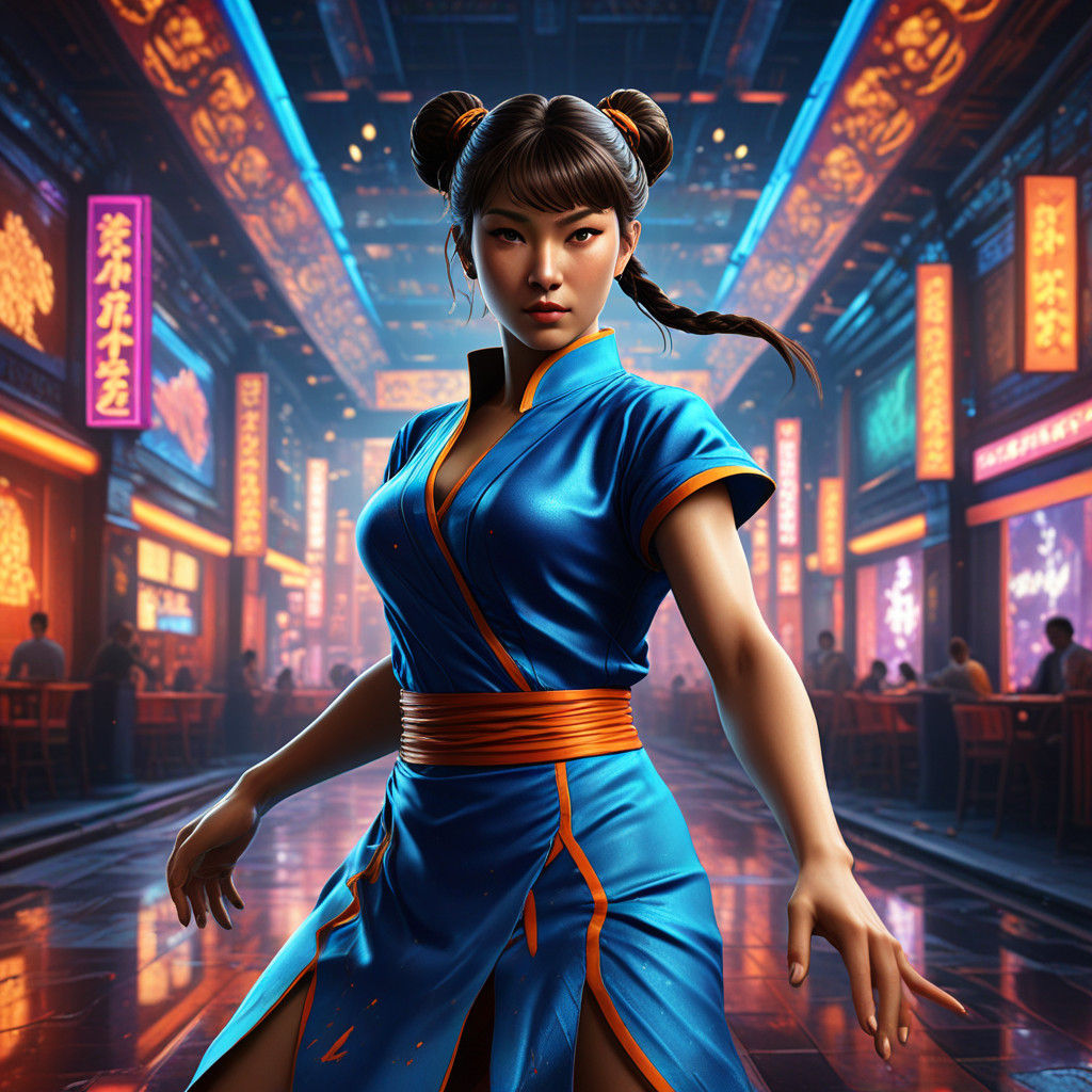 Vibrant 90's Anime-Style Chun-li Dance Scene in a Chinese Cl...