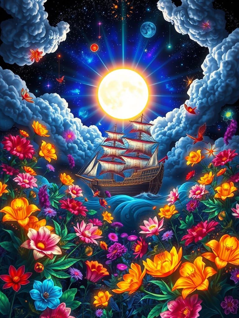 Neon Stained-Glass Garden with Cosmic Sailing Ship
