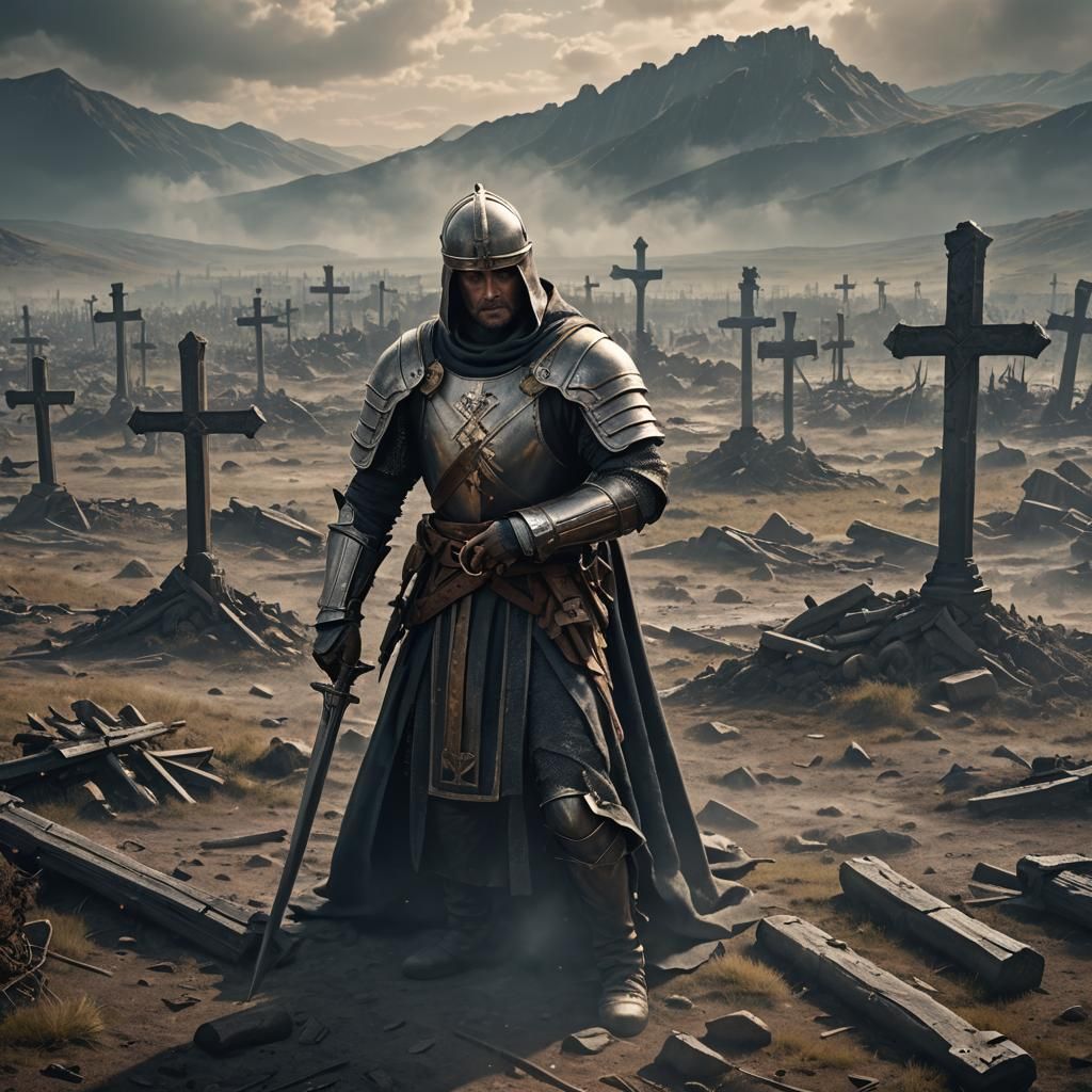 Christian Knight Praying on Battlefield: Epic Digital Painti...