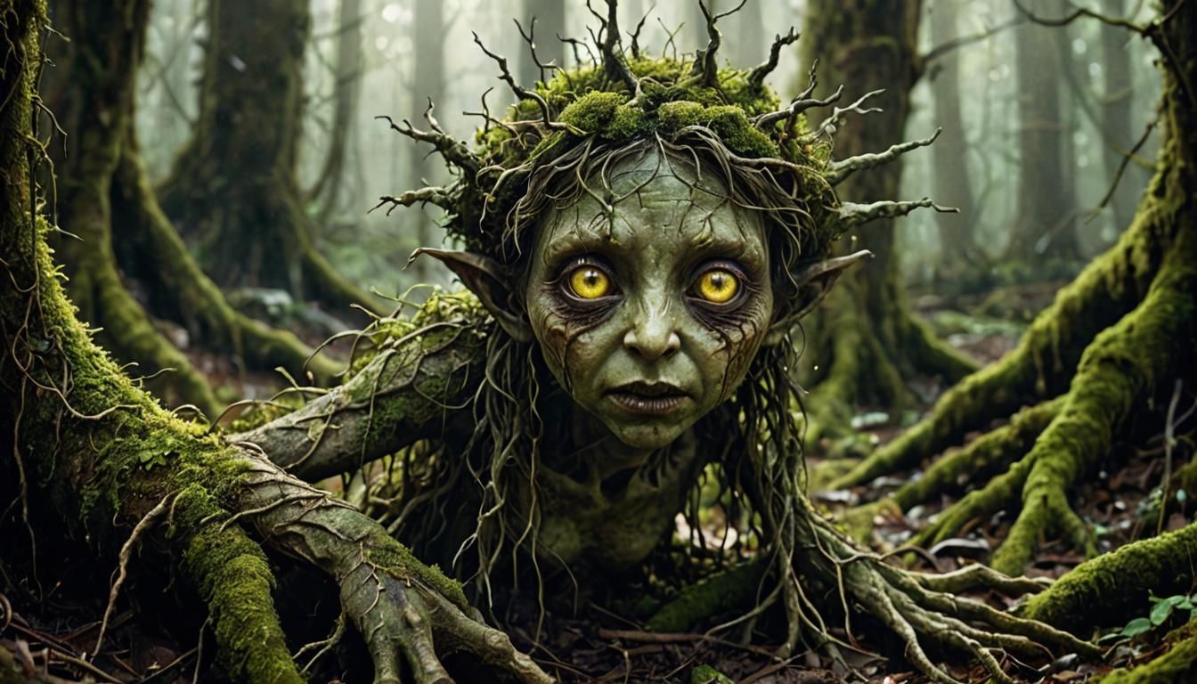 Terrifying Moss Fairy Emerges in Dark Fantasy Forest