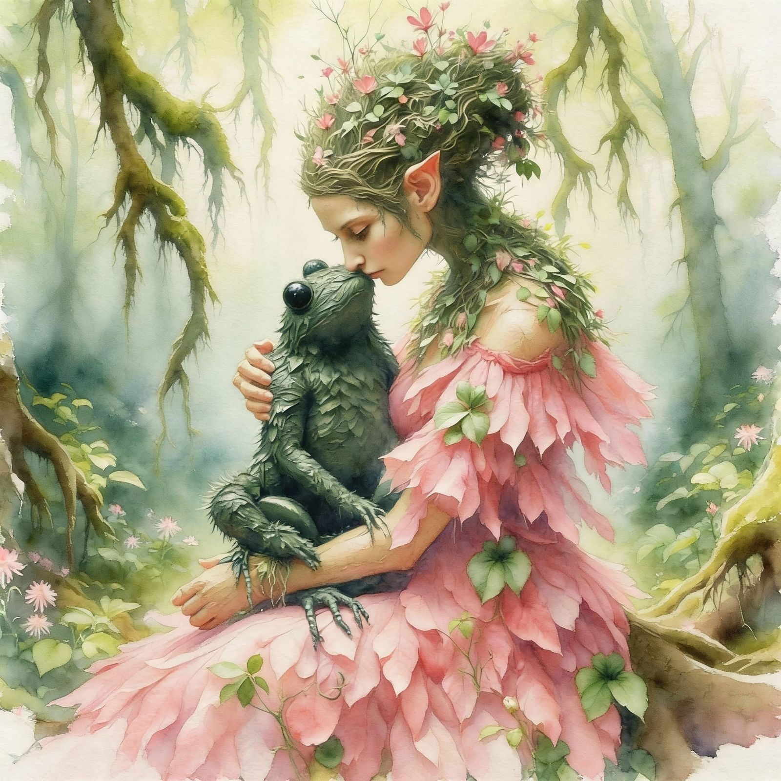 Sorrowful Wood Dryad Comforted By Shadow Frog Familiar