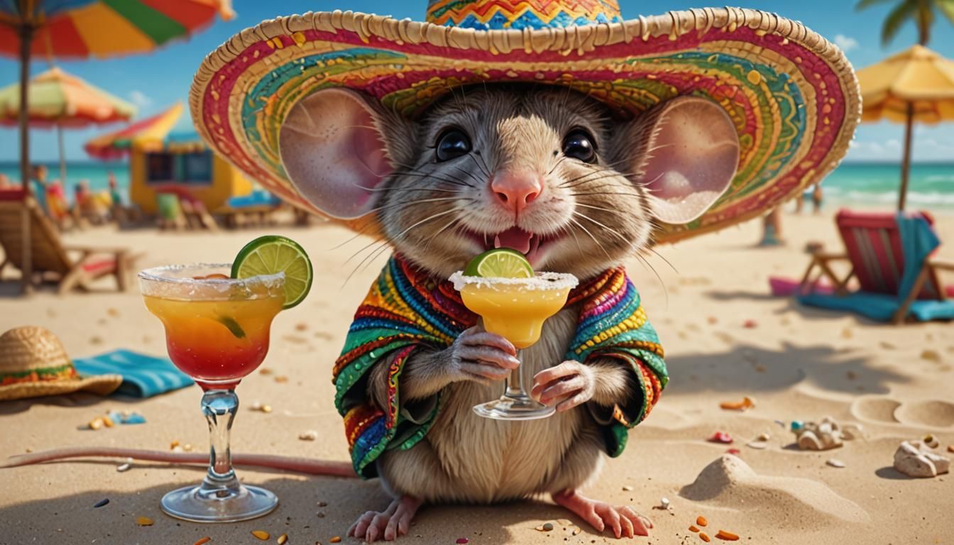 house mouse wearing a Sombrero and sipping a margarita on a ...