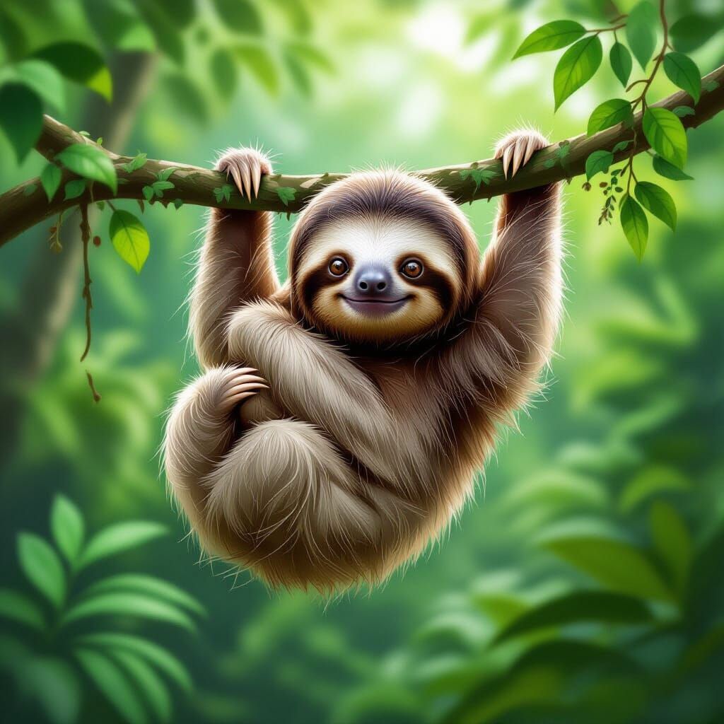 Baby Sloth in Lush Rainforest Digital Painting