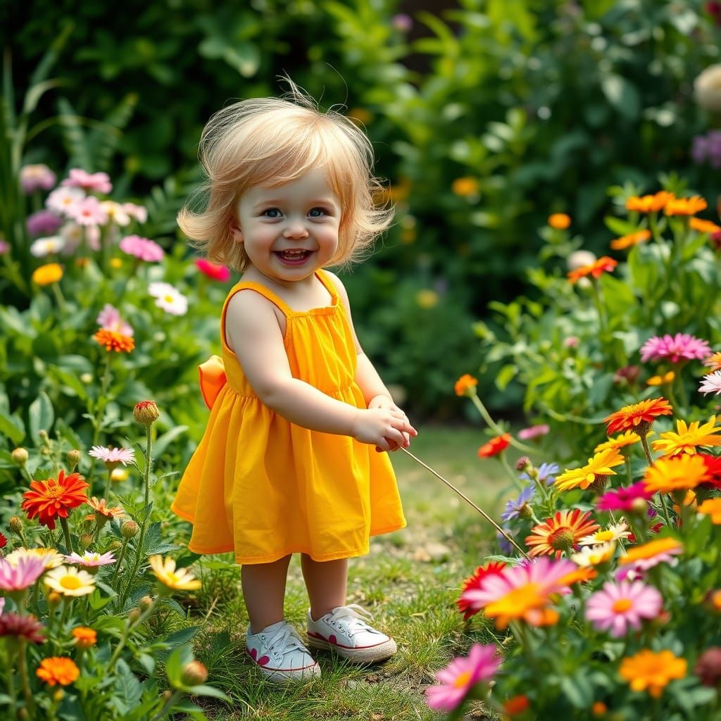 Happy Child Picking Flowers in Garden Illustration