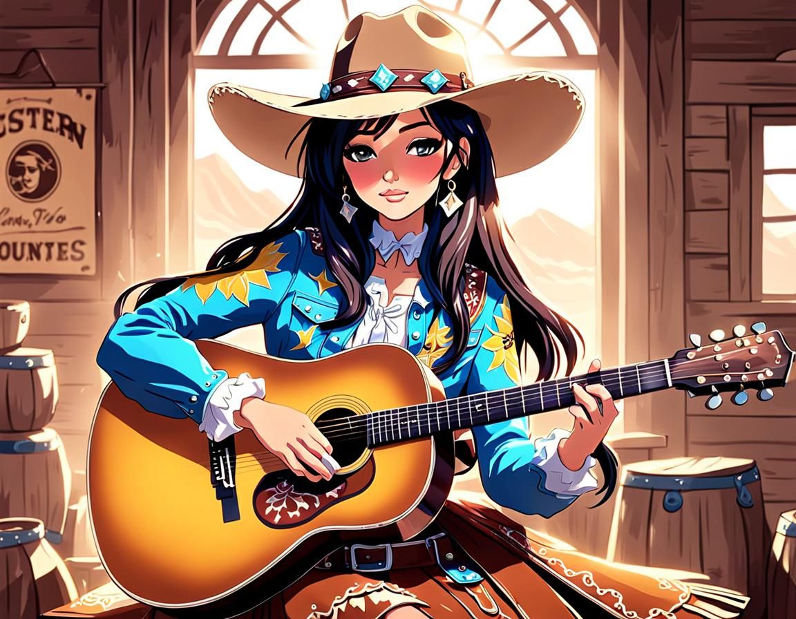 Anime Cowgirl Plays Guitar in Western Style
