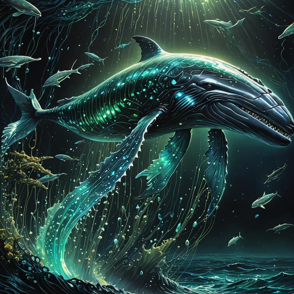 Bioluminescent Titanium Dream Eater Whale in Glitch Art