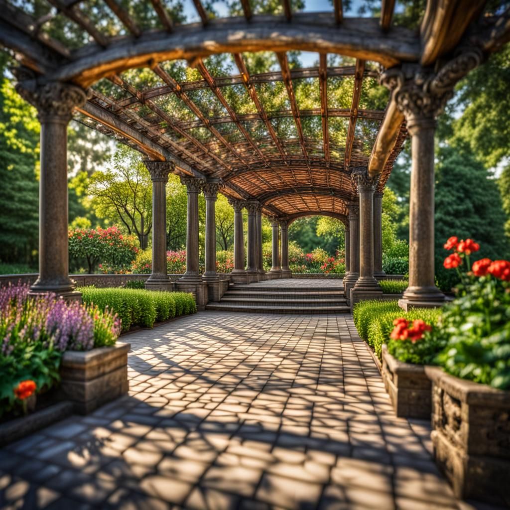 Botanical Garden Pergola in Hyperrealistic Style