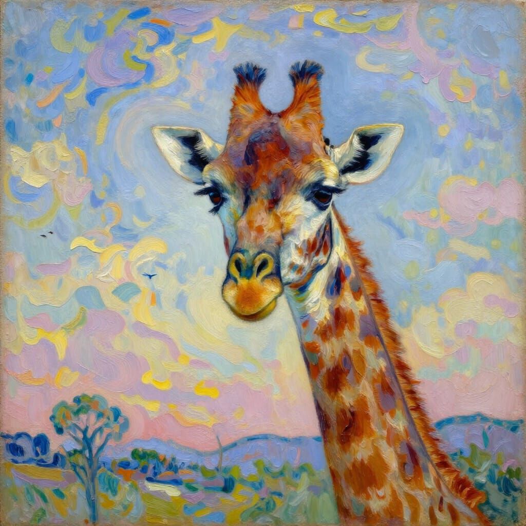 Impressionist Giraffe Head in Vibrant Morning Sky