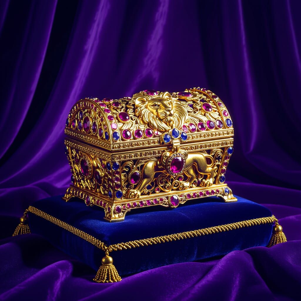Ornate Gold Chest with Lion Motif, Rubies & Sapphires
