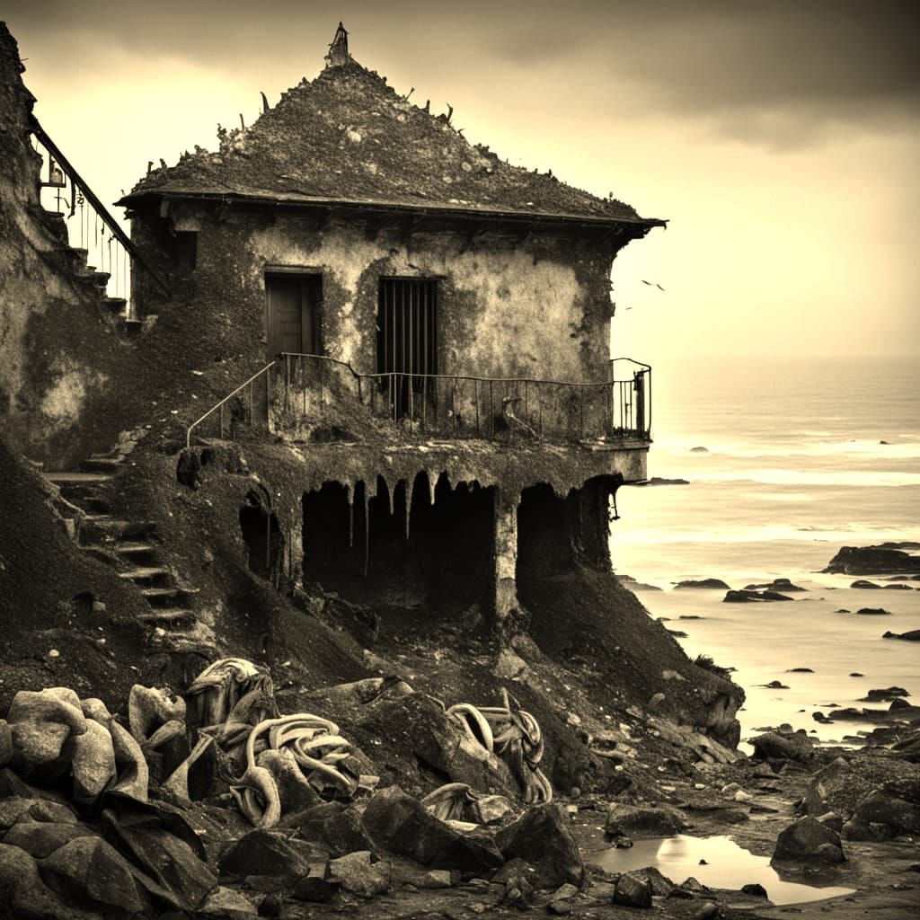 Corroded Iron Columns and Jade Statues in B&W Photography