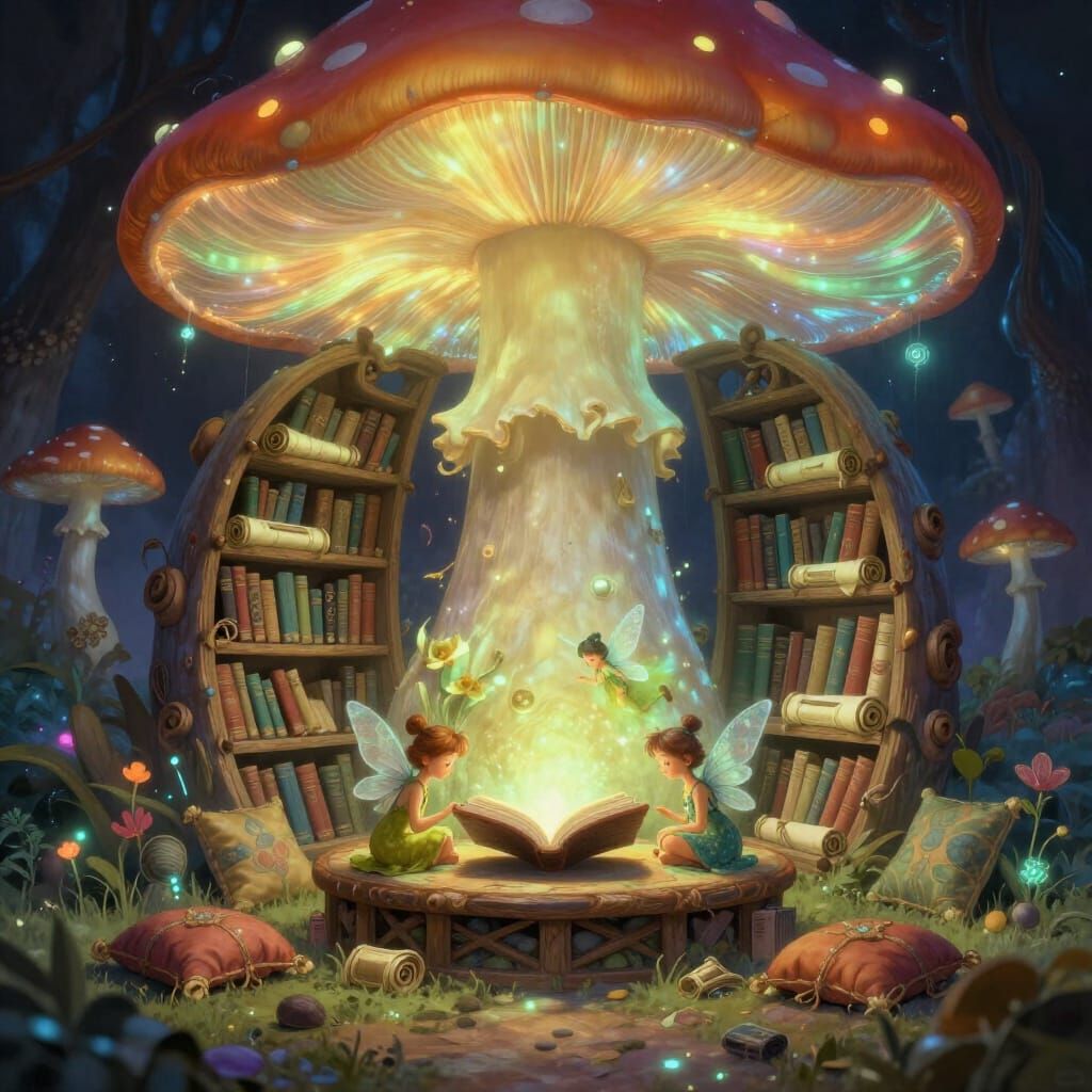 Fairy Reading Room Inside Luminous Mushroom