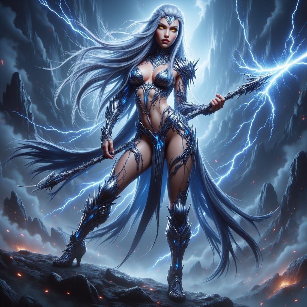 Lightning Anime Woman with Spear in Cyberpunk Style