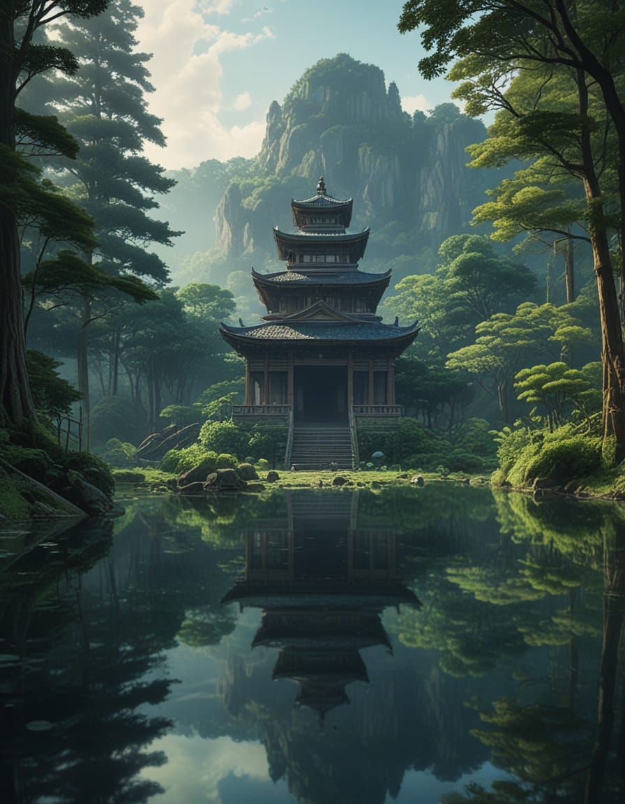 Majestic Temple in Lush Ancient Landscape