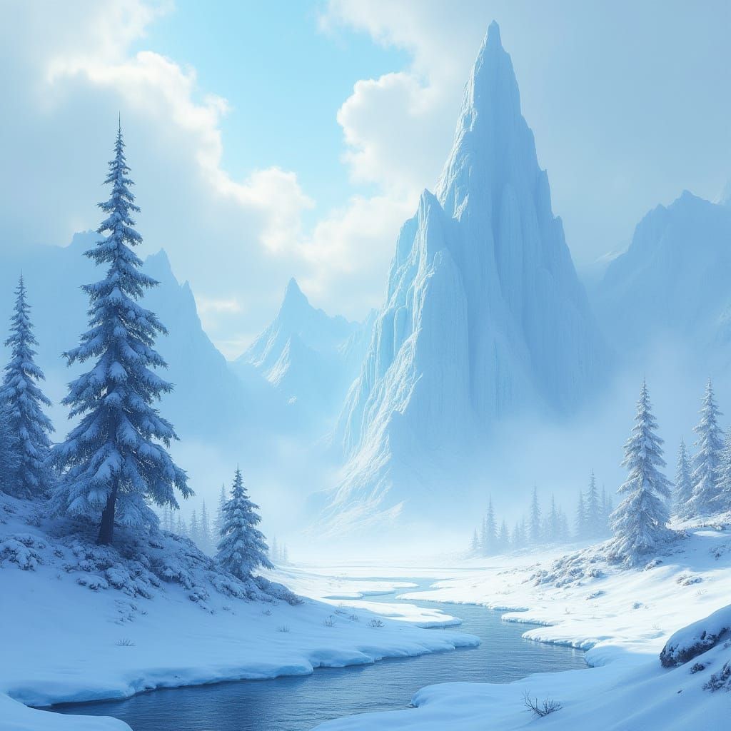 Frozen Tundra Landscape with Icy Mountains and Snow