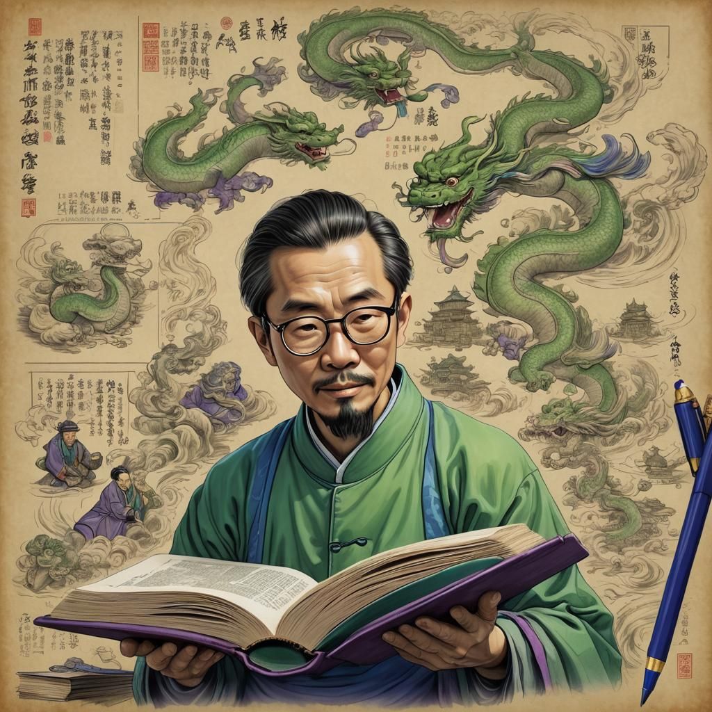 Taiwanese Man in Penglai Book, Pixar-Style Digital Art