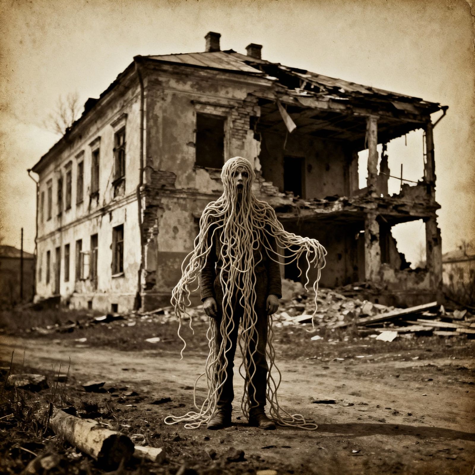 Eerie Photogravure of Person Spaghetti Building