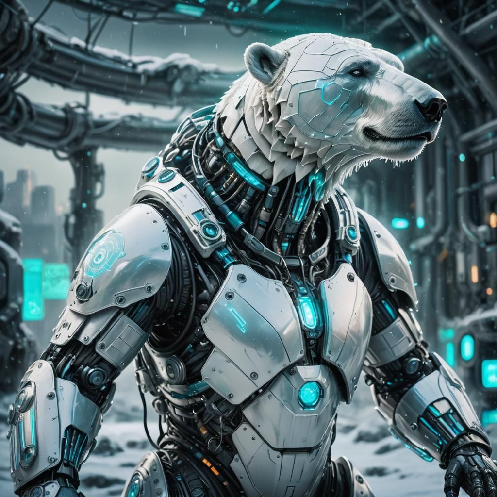 Neon Cyberpunk Polar Bear in Exosuit