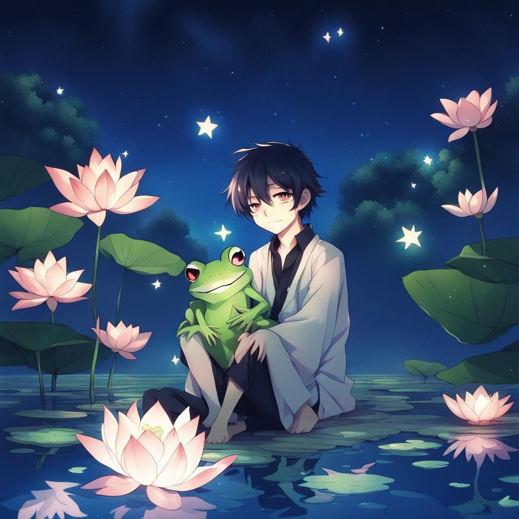 Glowing Frog and Lotus in Anime Style