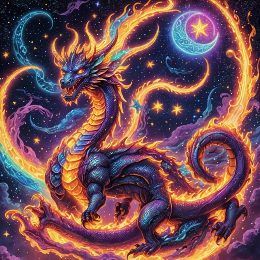 Humanoid Dragon in Astral Flames, Mystic Surrealism