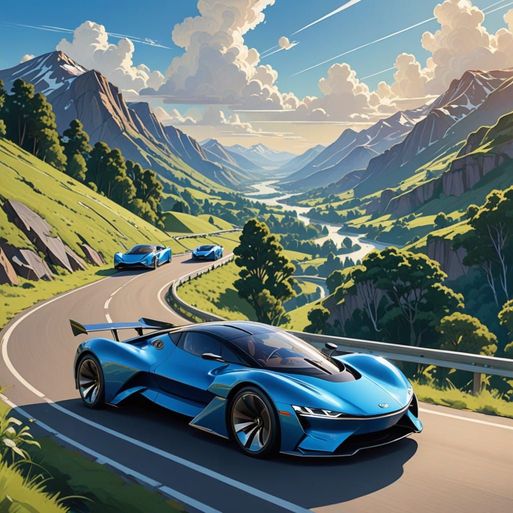 Eco-Friendly Futuristic Cars Speed Down a Winding Highway