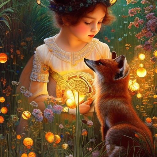 Toddler and Fox Celtic Knot Portrait in Dark Fantasy Style