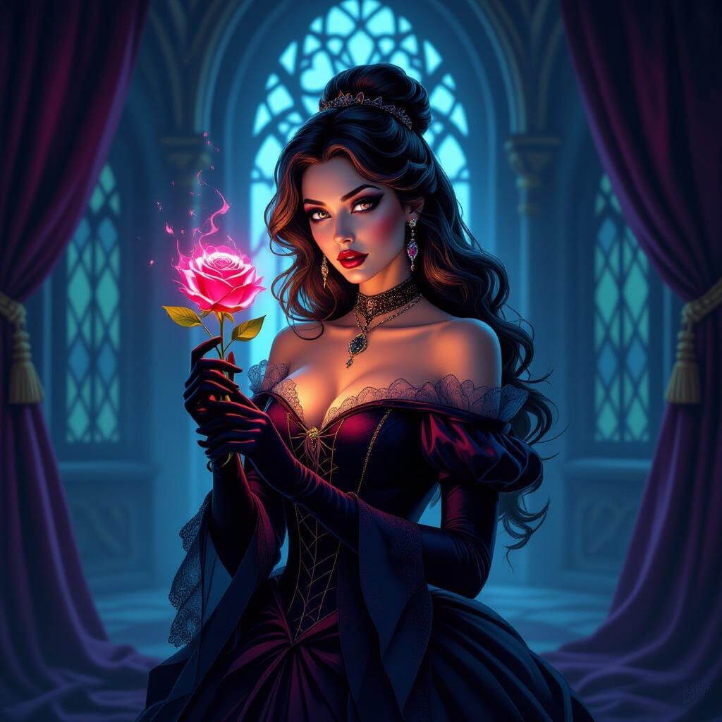 Villainous Belle Enchantress with Glowing Rose in Gothic Bal...