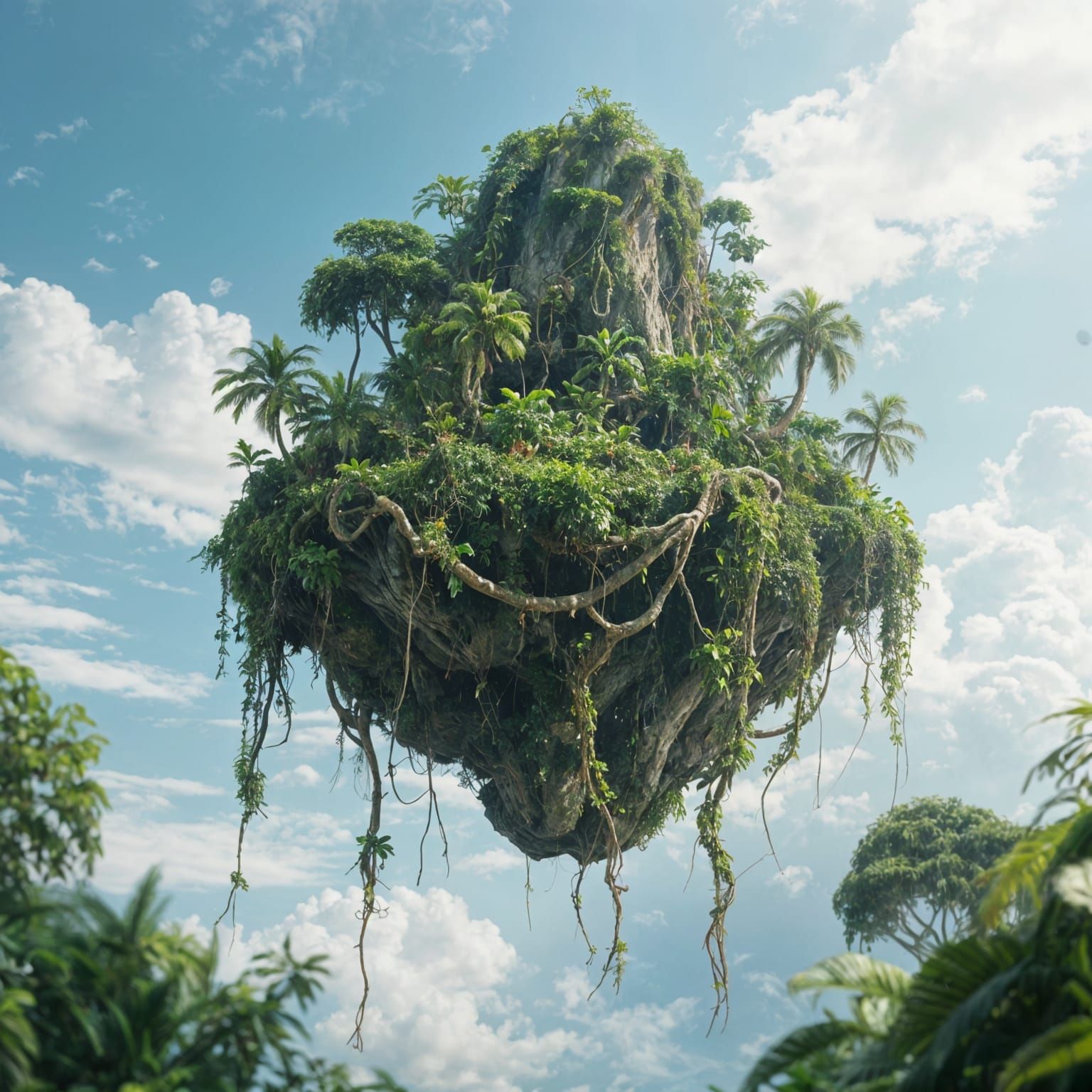 Overgrown Jungle Island Floating in Sky with Hanging Vines