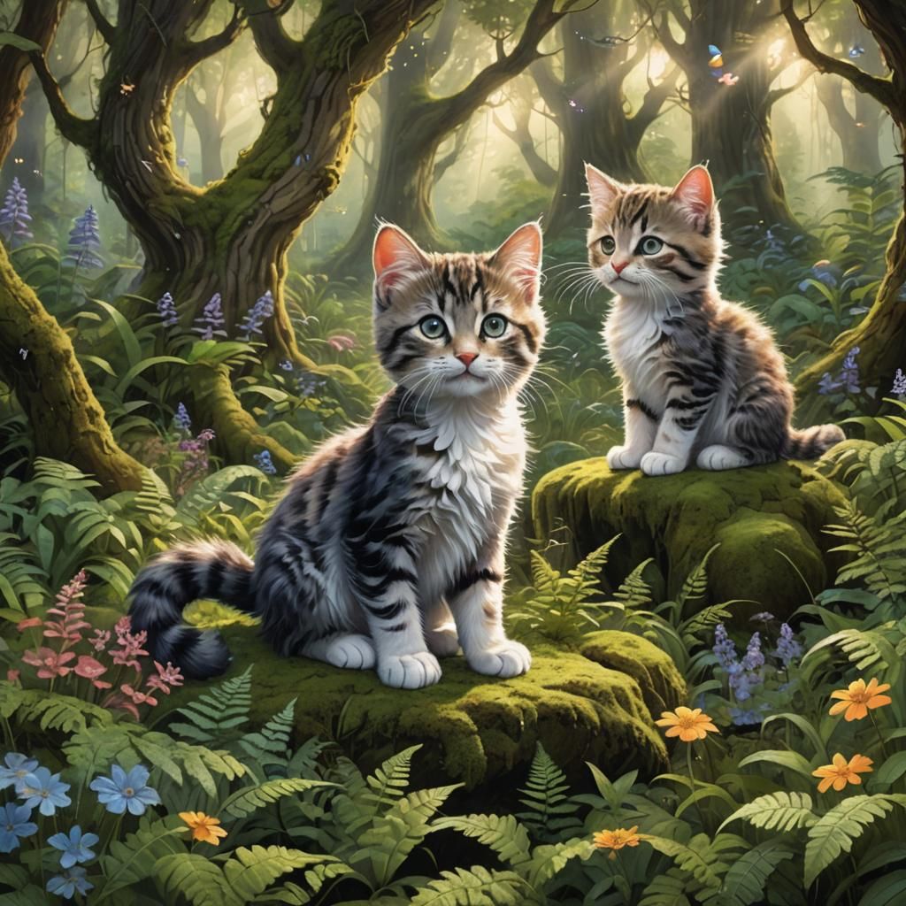 Kittens Frolic in Sunlit Wooded Clearing