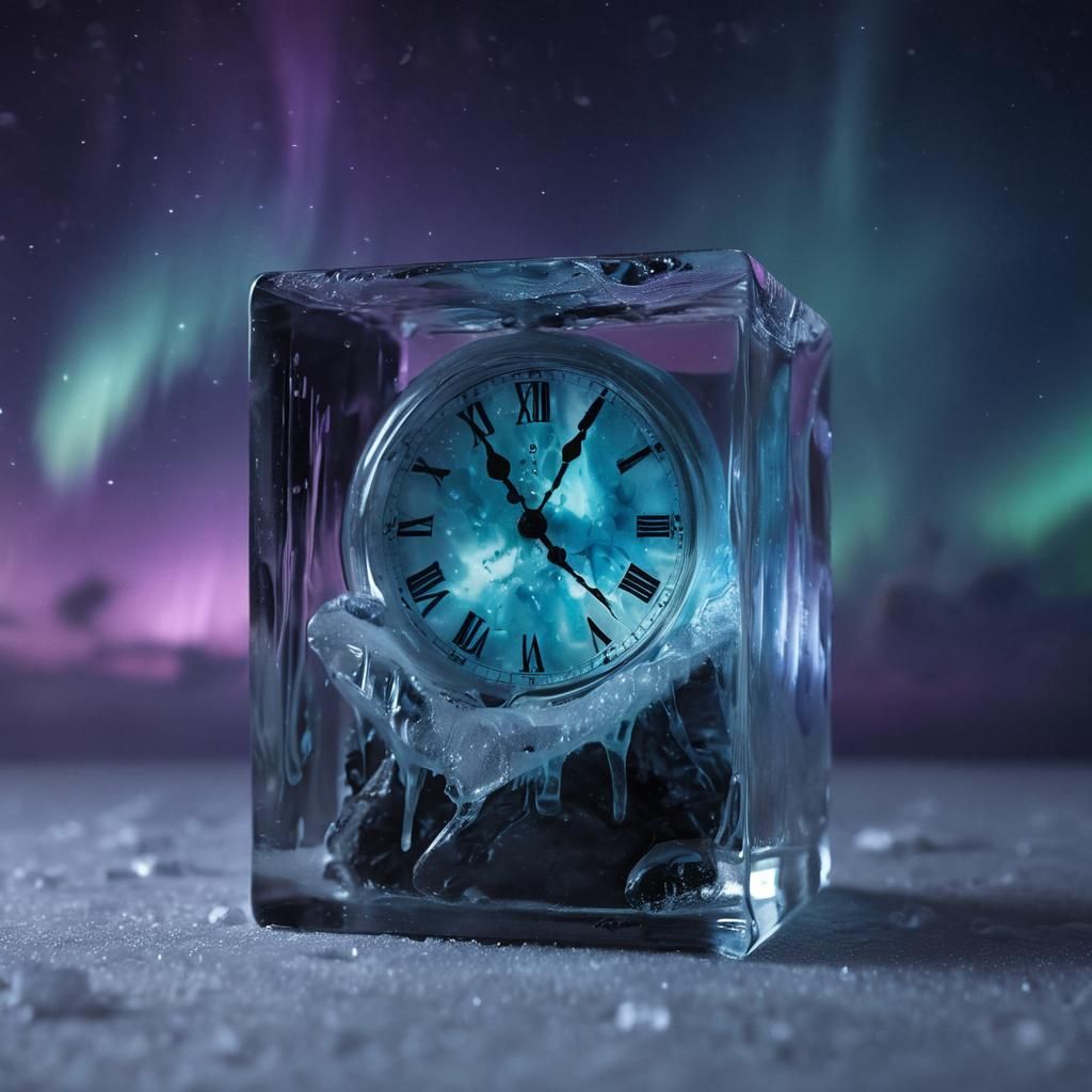 Melting Clock in Ice Cube Under Northern Lights