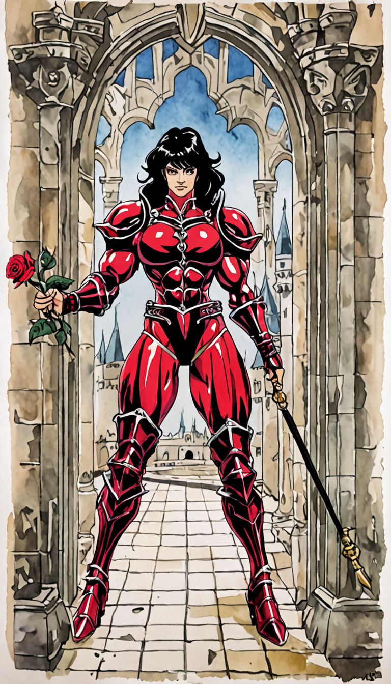 Sultry Italian Bodybuilder in Exotic Armor, 80's Anime Style
