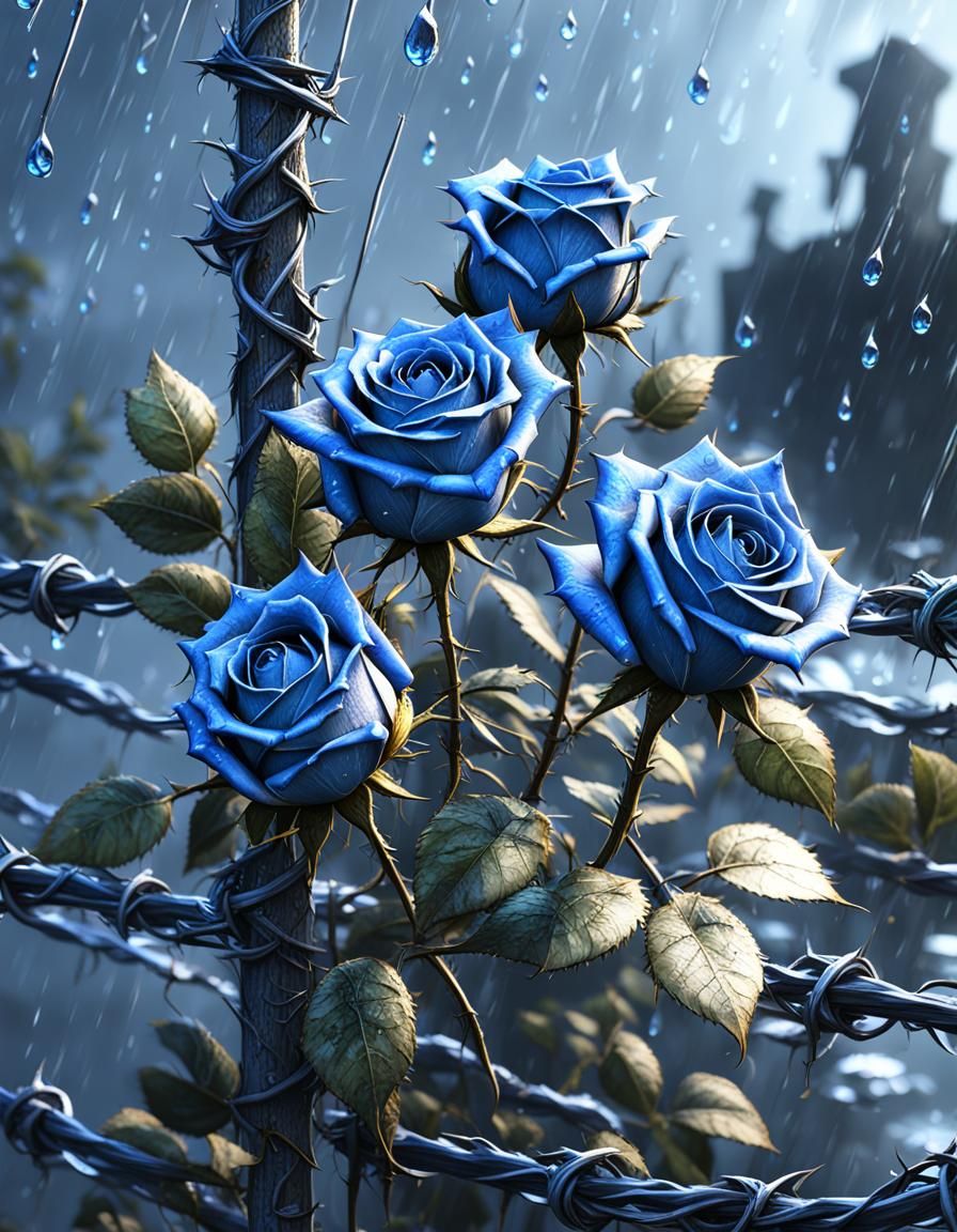 Blue Roses and Barbed Wire in 3D Cinematic Style