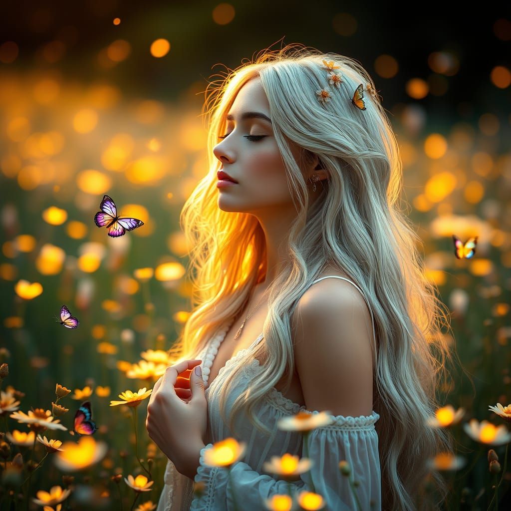 Serene Woman in a Lush Field of Glowing Flowers