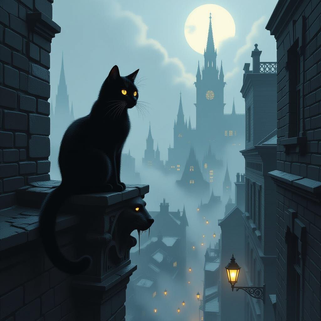Enigmatic Cat on Gargoyle in Noir Cityscape
