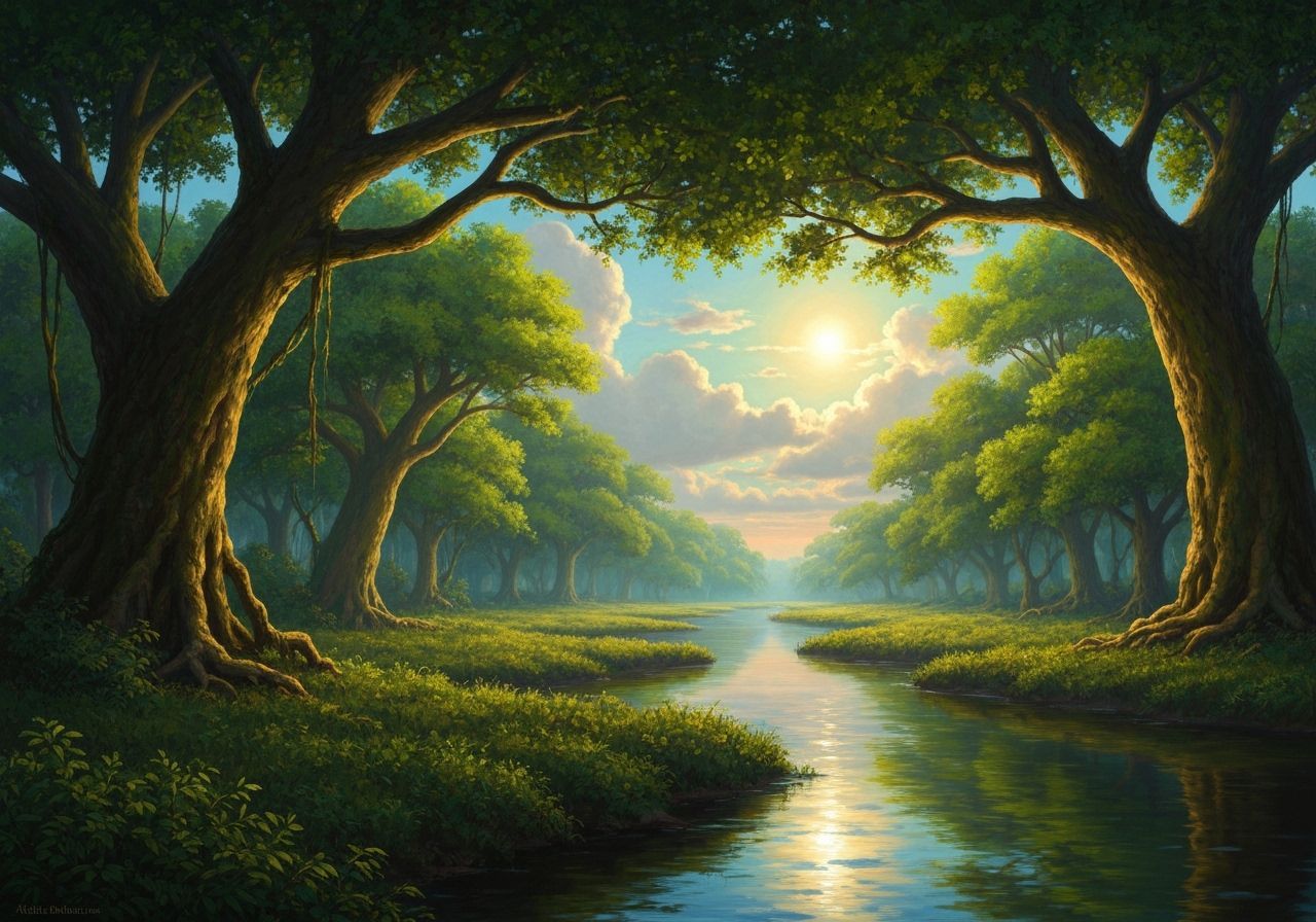 Verdant Jungle River Scene in Painterly Style