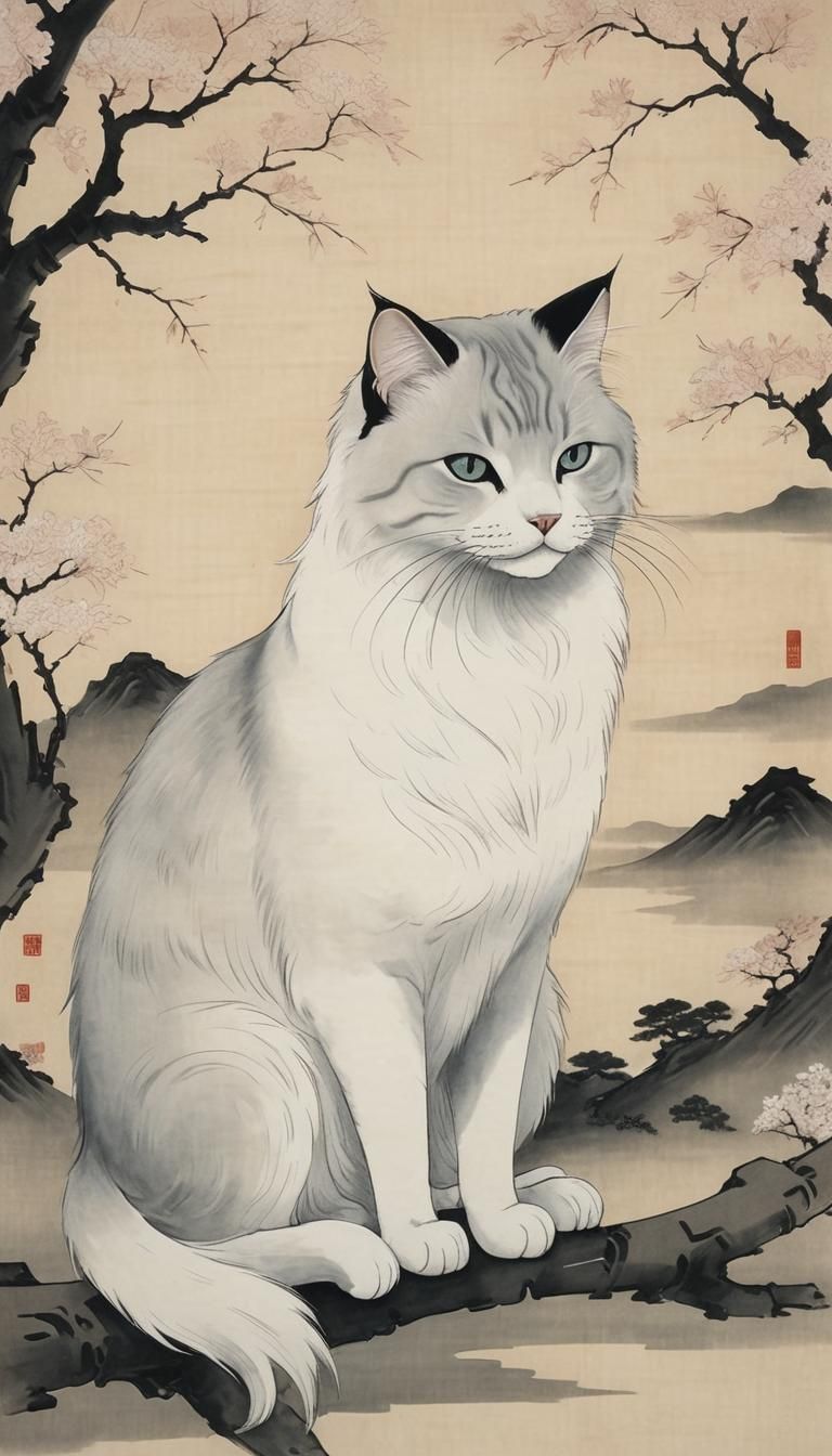 Noble White Cat in Heian Scroll Illustration