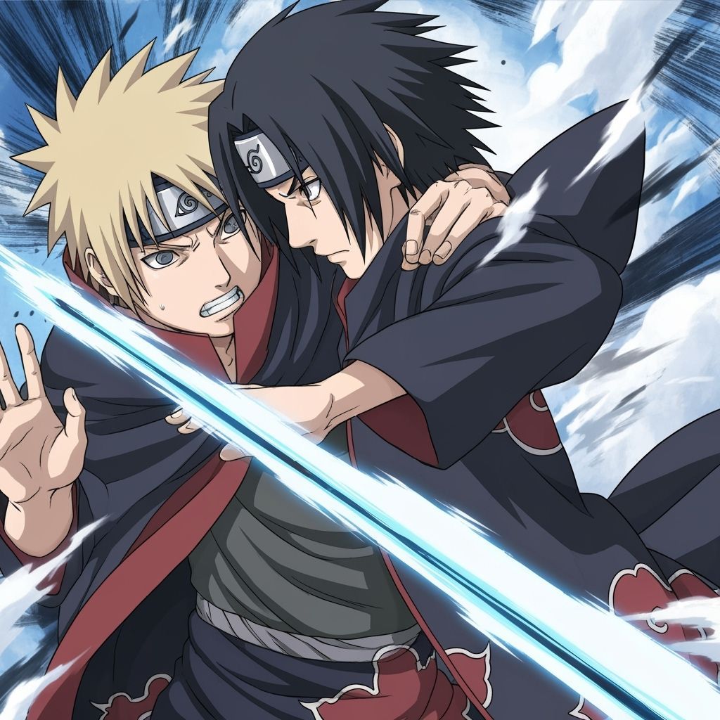 Itachi Uchiha Battles Nagato in Dynamic Anime Art Style