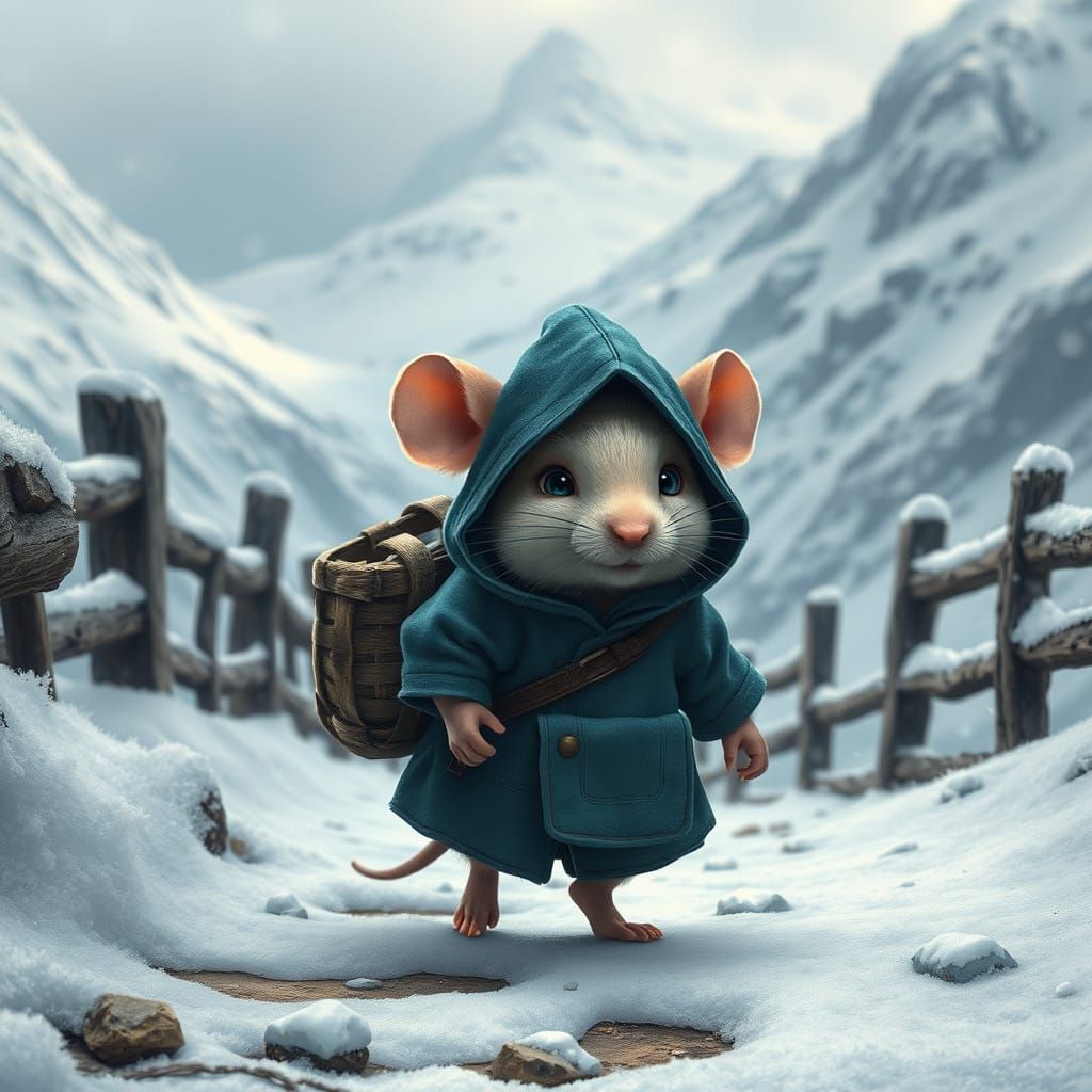 Mouse on Snowy Mountain Path in Photorealistic Style