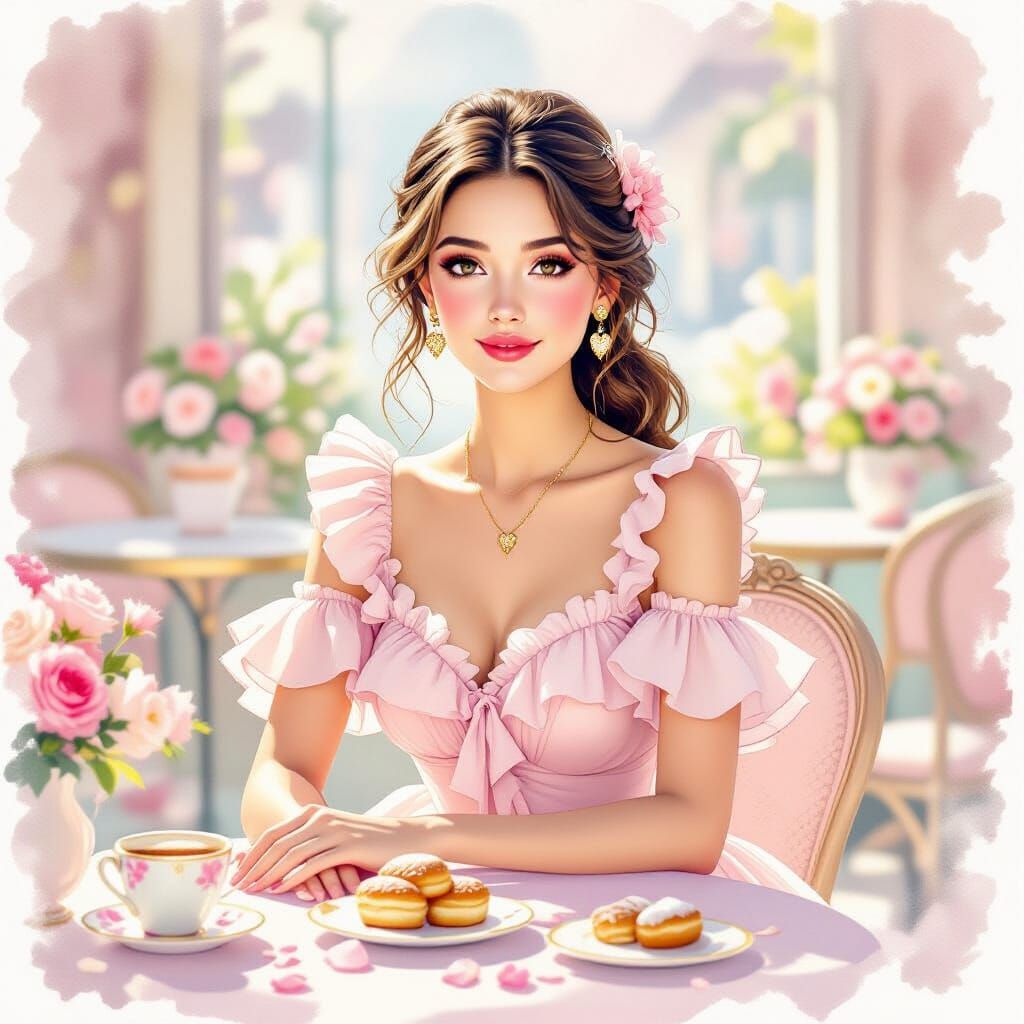 Elegant Woman in Pastel Cafe Watercolor Portrait