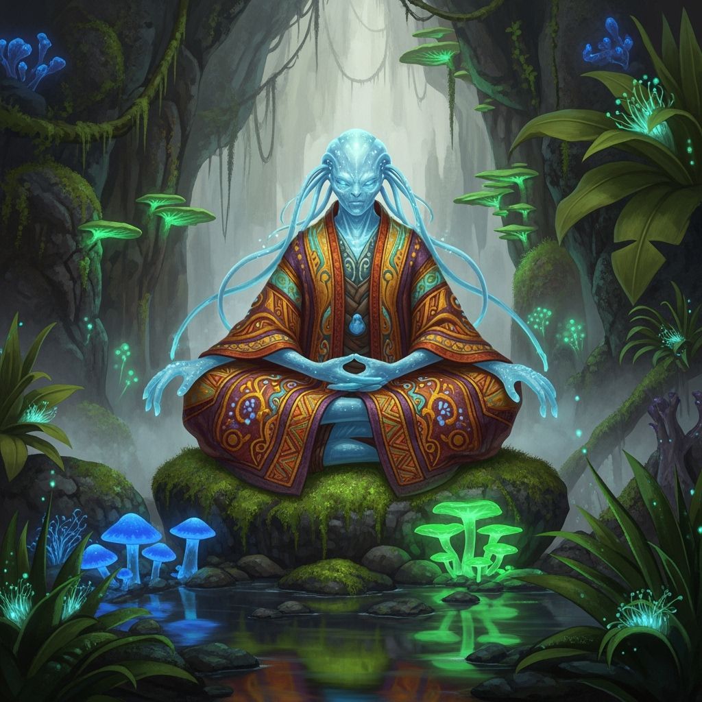Bioluminescent Alien Meditating in Mystical Jungle Grotto