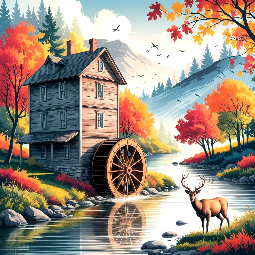 Watercolor Woodland Scene with River Wheel and Wildlife
