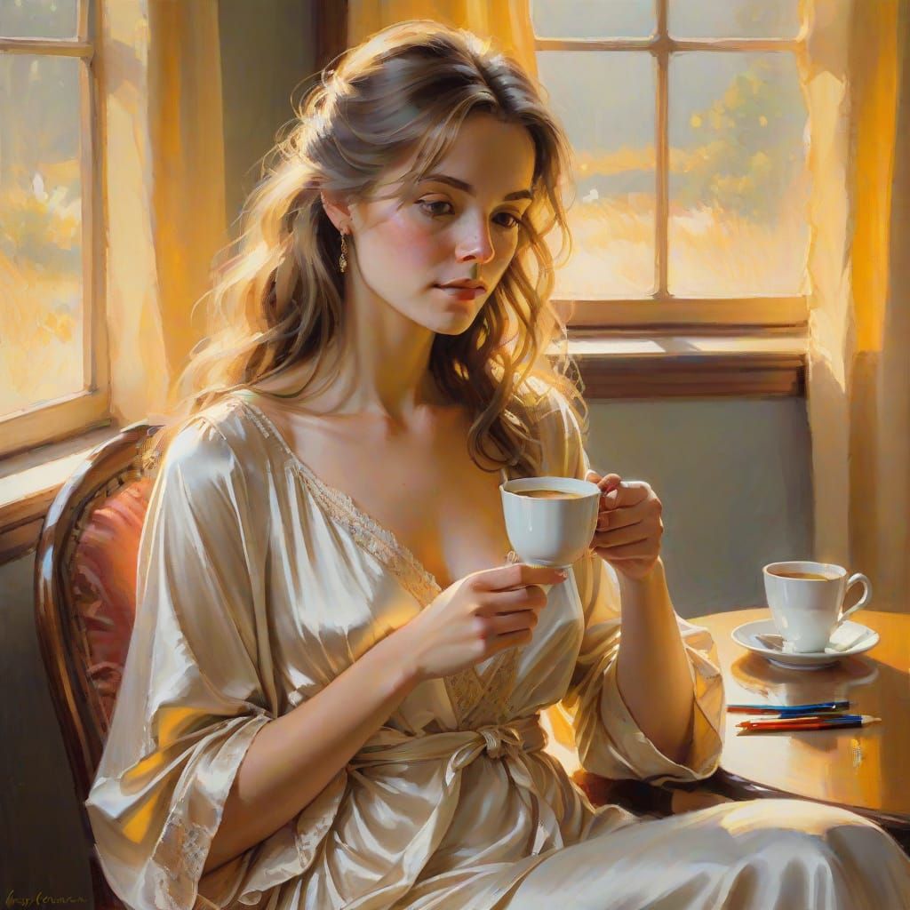 Woman with Coffee: Oil Painting in Impressionist Style