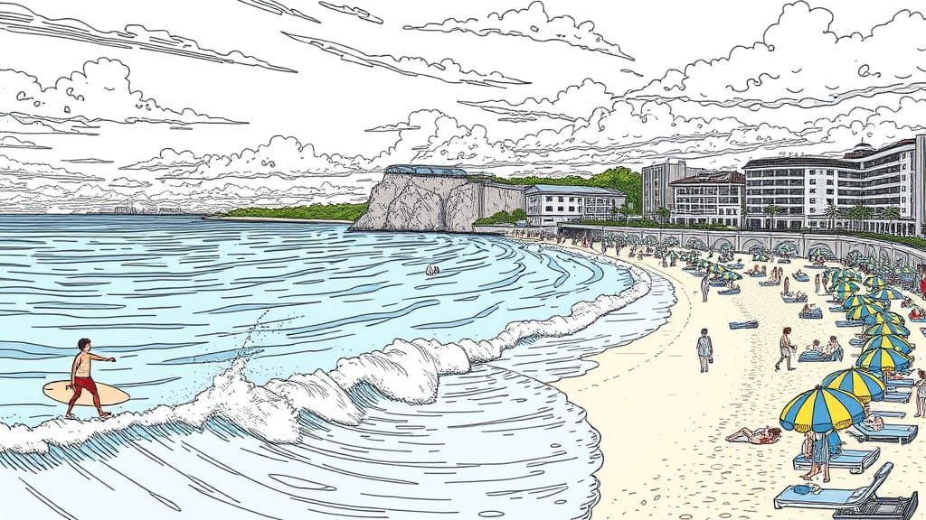 Lively Beach Scene in Vibrant Line Drawing Style