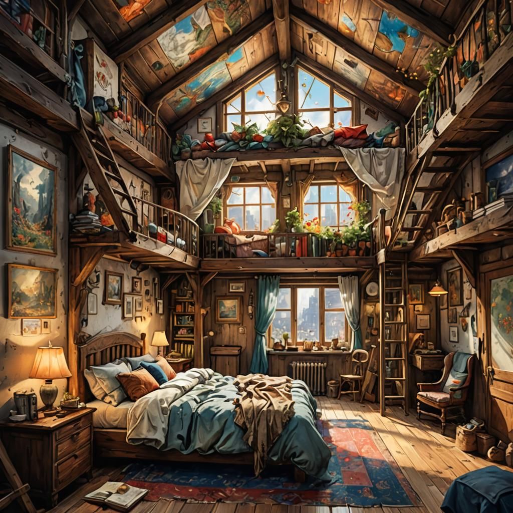 Cozy Loft Bedroom in Eclectic Surrealist Style