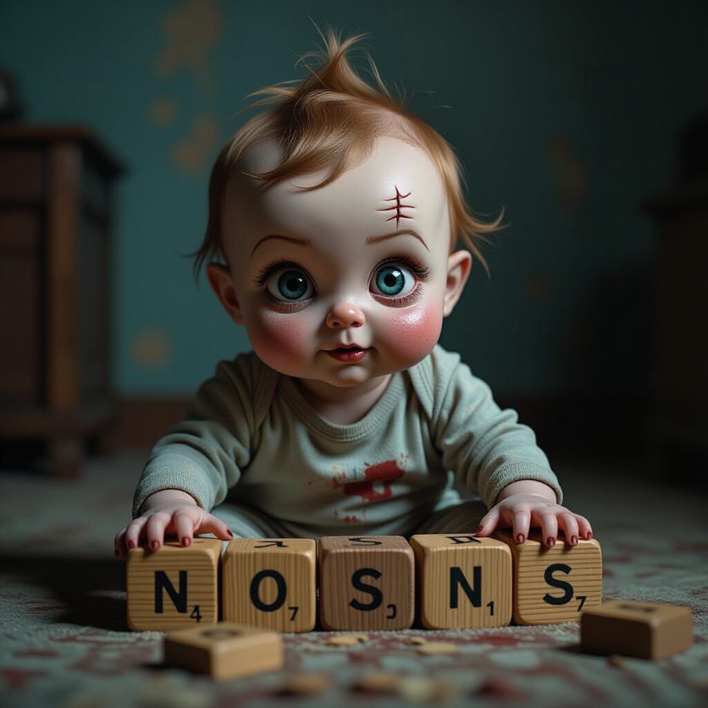 Creepy One-Eyed Baby Playing Blocks: Vintage Horror Style