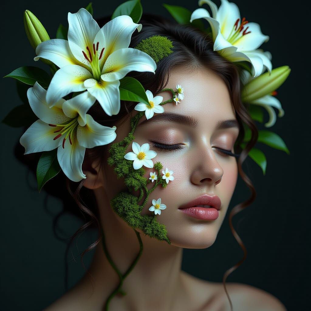 Woman's Face with Lilies and Mycelium in Hyperrealism