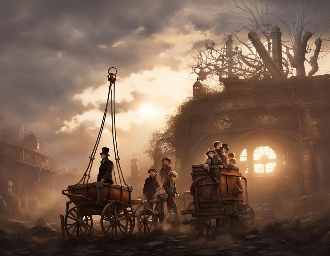 Steampunk Family Hauling Merchandise on Cart