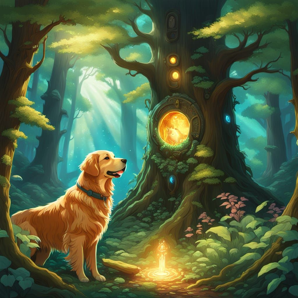Golden Retriever Discovers Glowing Portal in Enchanted Fores...
