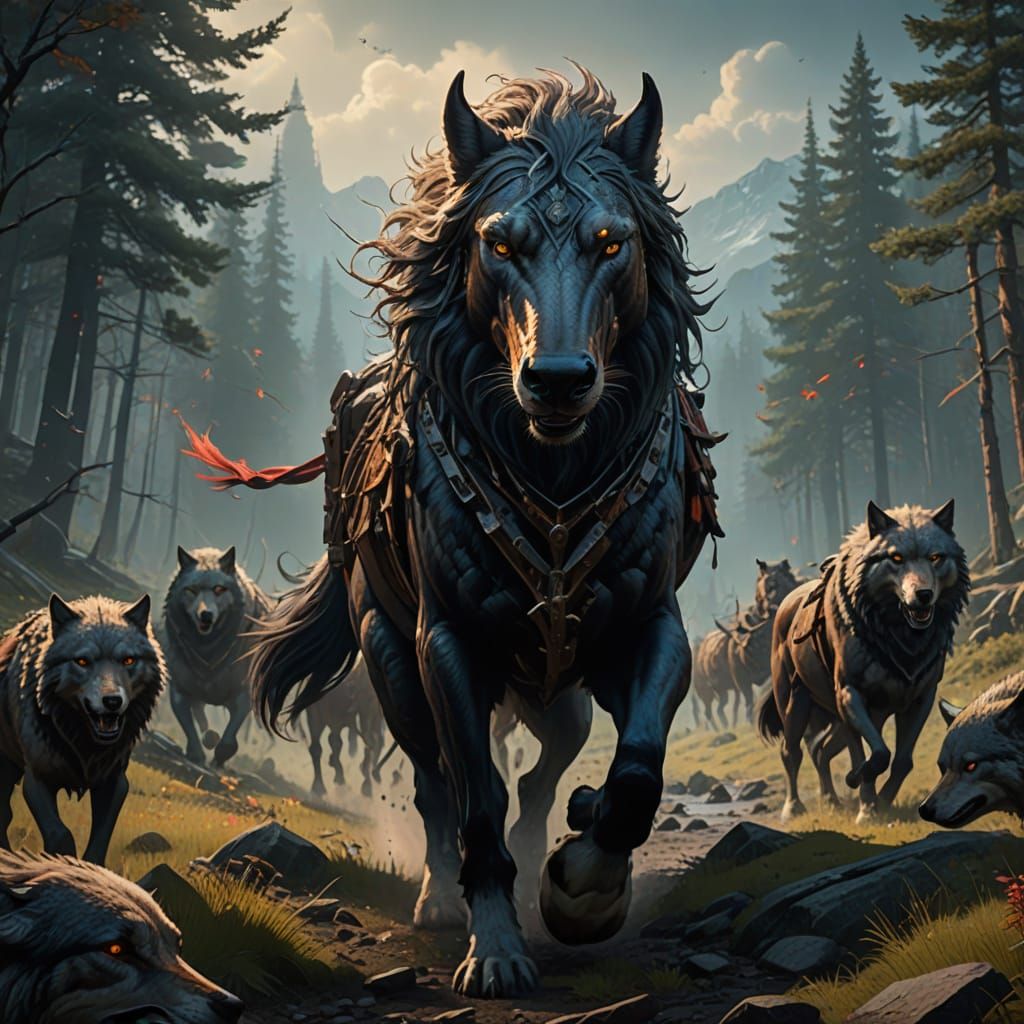 Majestic Stallion Leads Herd Across Fantastical Landscape, W...